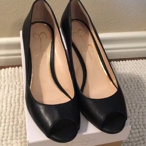 Black open-toed leather wedges by Jessica Simpson